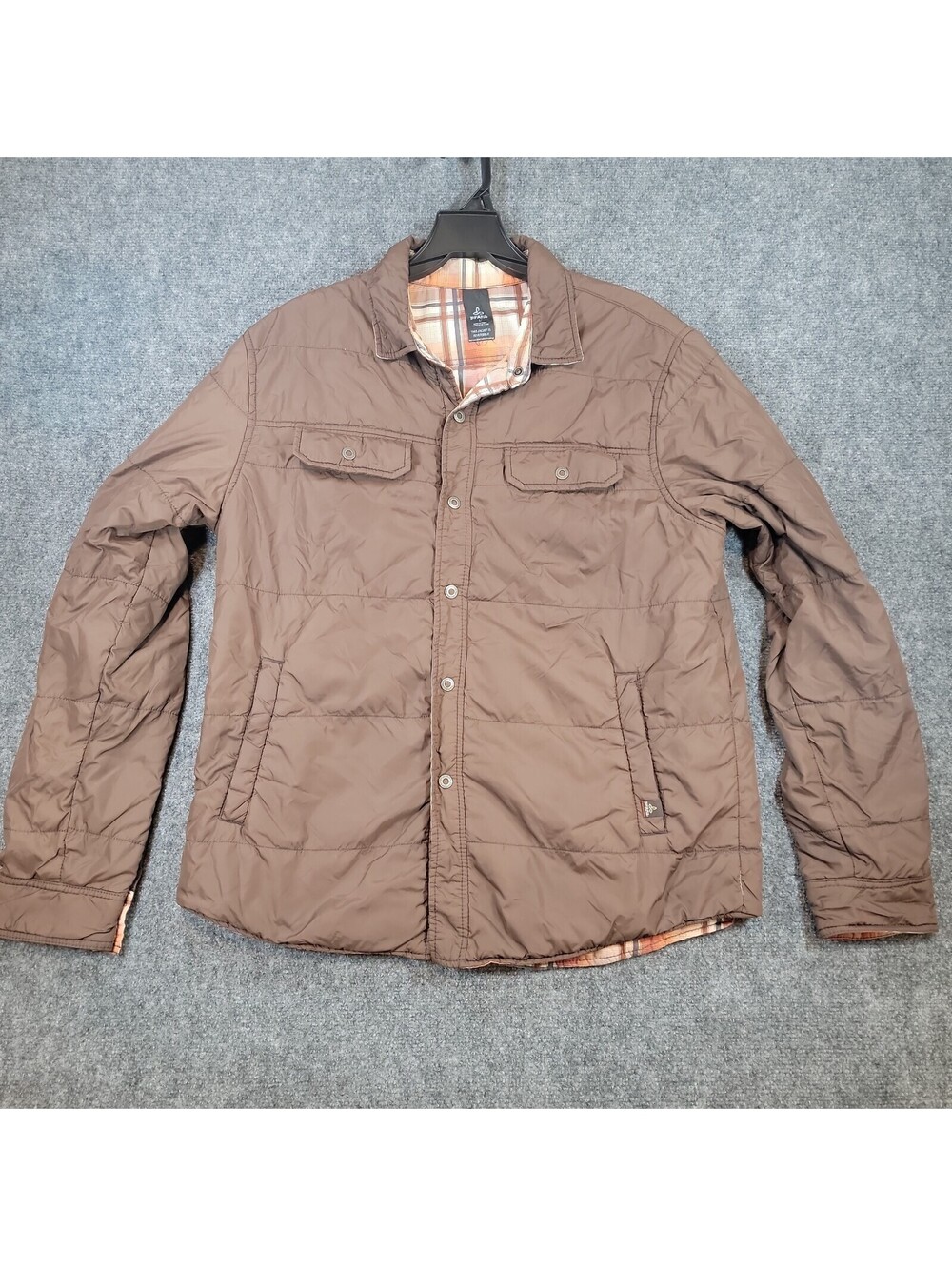 prAna Rhody Reversible Jacket Mens Large Brown Plaid Insulated Shacket Coat 516